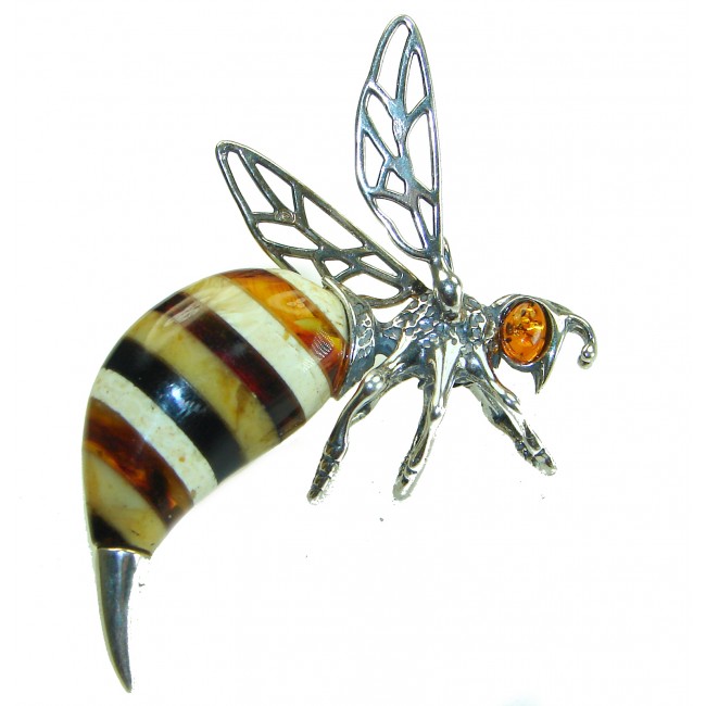 Real Masterpiece Honey Bee Baltic Polish Amber .925 Sterling Silver Handmade Pendant