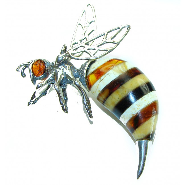 Real Masterpiece Honey Bee Baltic Polish Amber .925 Sterling Silver Handmade Pendant