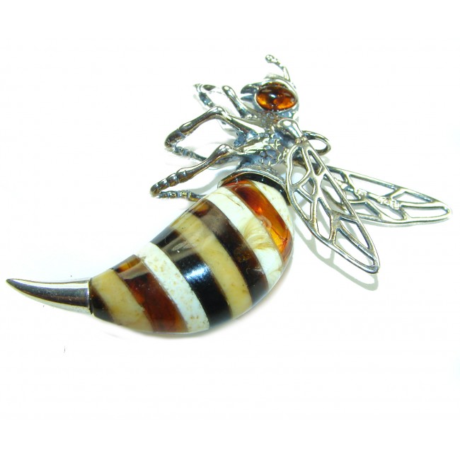 Real Masterpiece Honey Bee Baltic Polish Amber .925 Sterling Silver Handmade Pendant