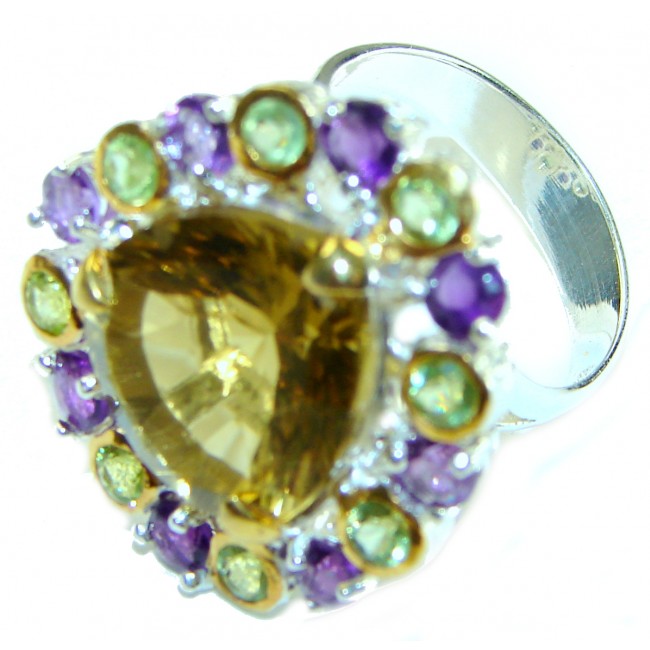 11.8 carat Genuine Lemon Quartz 14K Gold over .925 Sterling Silver handcrafted ring size 7 3/4