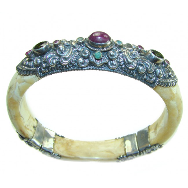 Authentic Buffalo Carved Bone 3.5 carat Ruby Amethyst .925 Sterling Silver handcrafted Bali Bracelet / Cuff