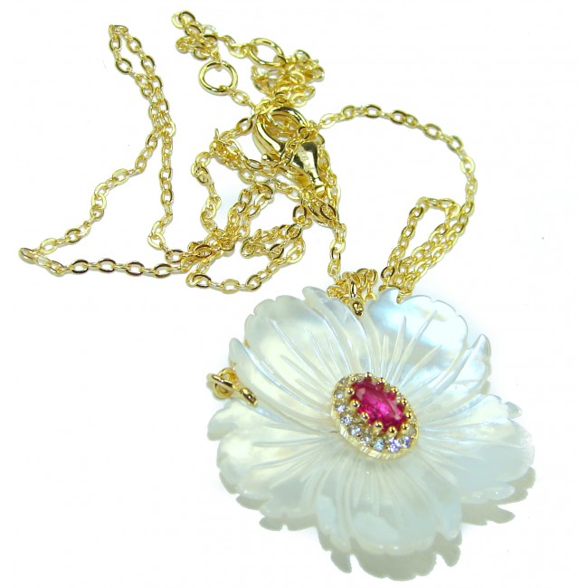 Floral Design Ruby carved Blister Pearl 14K Gold over .925 Sterling Silver Necklace