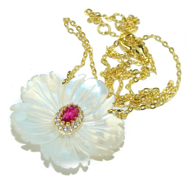 Floral Design Ruby carved Blister Pearl 14K Gold over .925 Sterling Silver Necklace