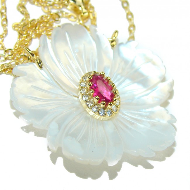 Floral Design Ruby carved Blister Pearl 14K Gold over .925 Sterling Silver Necklace