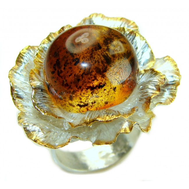 Magical Flower Natural Baltic Amber 2 tones .925 Sterling Silver handmade Large STATEMENT ring; s. 8 adjustable