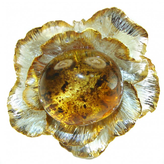 Magical Flower Natural Baltic Amber 2 tones .925 Sterling Silver handmade Large STATEMENT ring; s. 8 adjustable