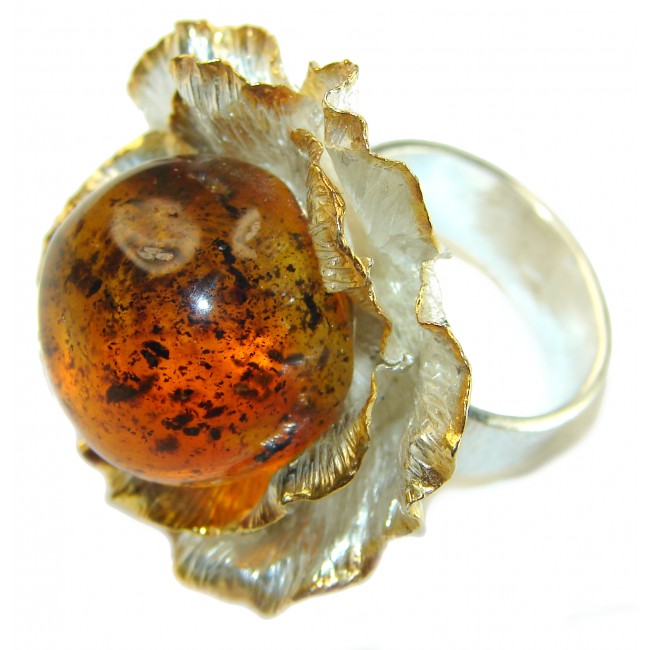 Magical Flower Natural Baltic Amber 2 tones .925 Sterling Silver handmade Large STATEMENT ring; s. 8 adjustable