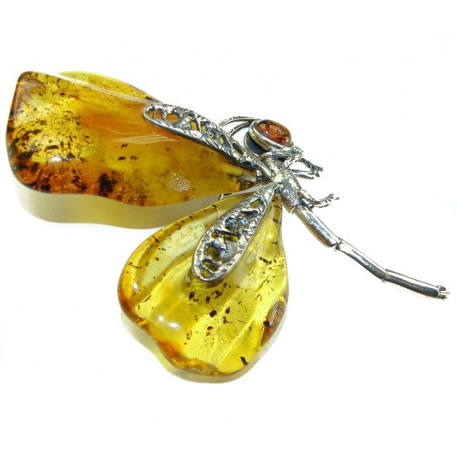 Spectacular Big Golden Dragonfly Natural Baltic Amber .925 Sterling Silver handmade Pendant Brooch