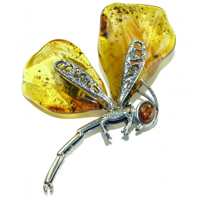 Spectacular Big Golden Dragonfly Natural Baltic Amber .925 Sterling Silver handmade Pendant Brooch