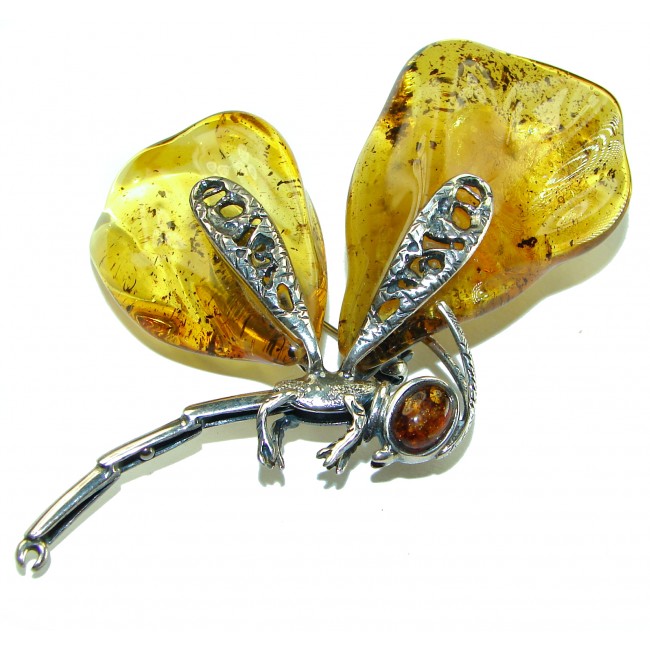 Spectacular Big Golden Dragonfly Natural Baltic Amber .925 Sterling Silver handmade Pendant Brooch