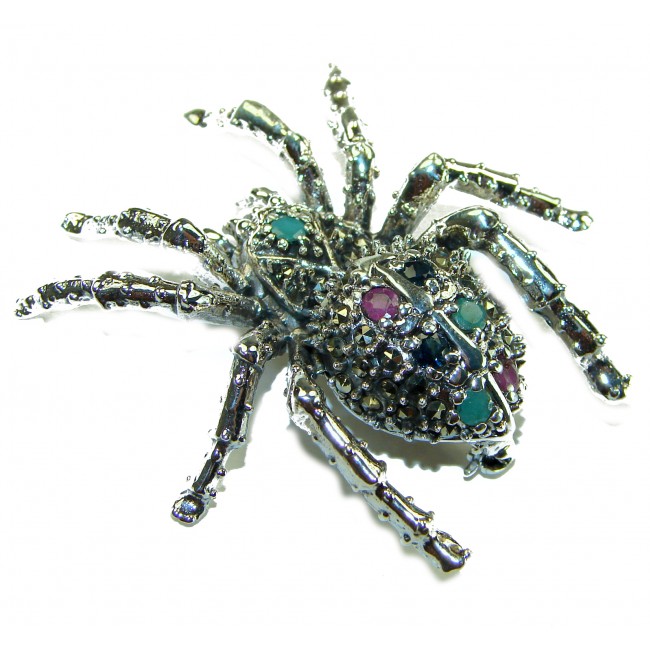 Large Black Widow Spider genuine Ruby .925 Sterling Silver handmade Pendant - Brooch