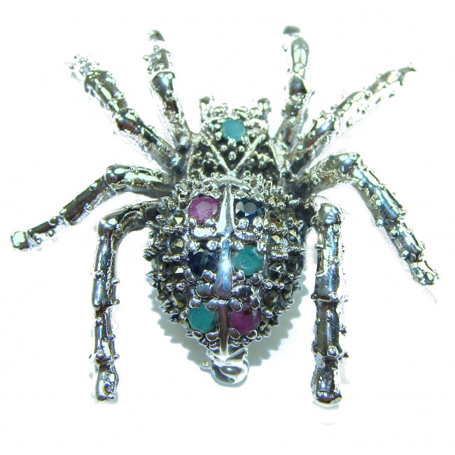 Large Black Widow Spider genuine Ruby .925 Sterling Silver handmade Pendant - Brooch