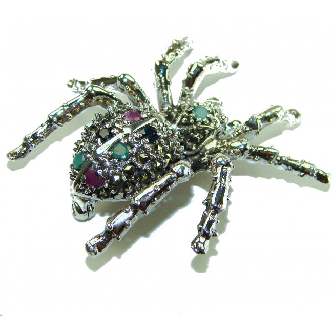 Large Black Widow Spider genuine Ruby .925 Sterling Silver handmade Pendant - Brooch