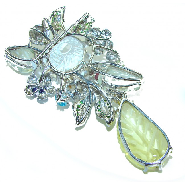 Endlessly Enchanting carved 15.2 carat White Topaz 14.3 carat Natural Citrine .925 Sterling Silver Pendant/ Brooch