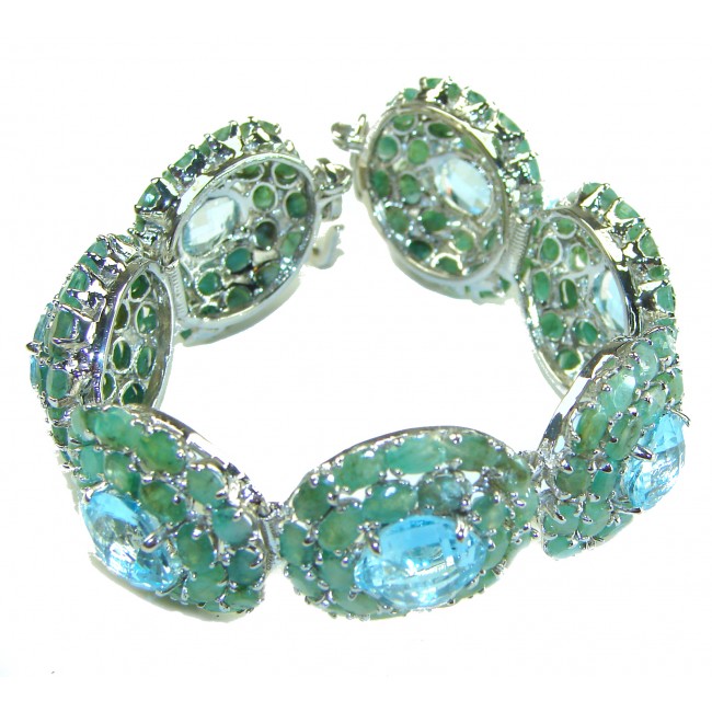 Seaside 175.5 carat Swiss Blue Topaz Colombian Emerald .925 Sterling Silver handmade Large Statement Bracelet