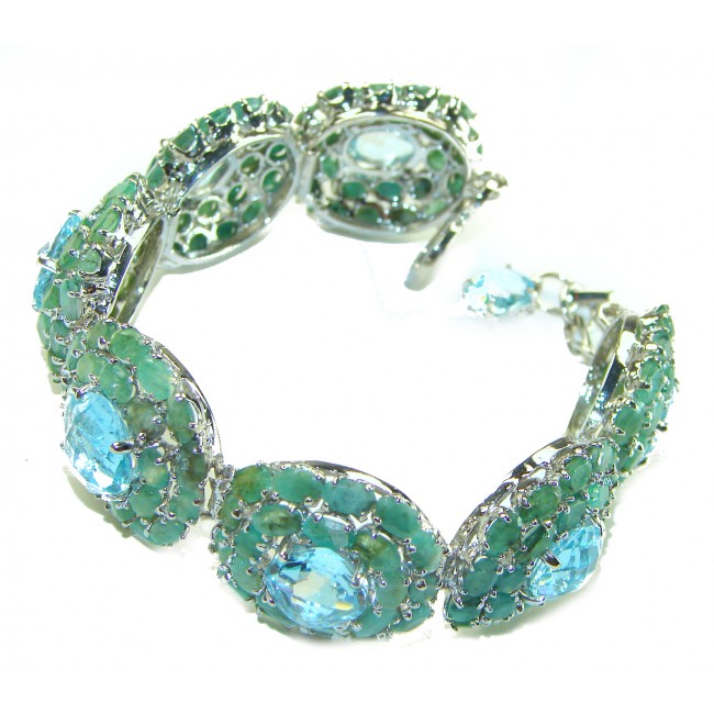 Seaside 175.5 carat Swiss Blue Topaz Colombian Emerald .925 Sterling Silver handmade Large Statement Bracelet