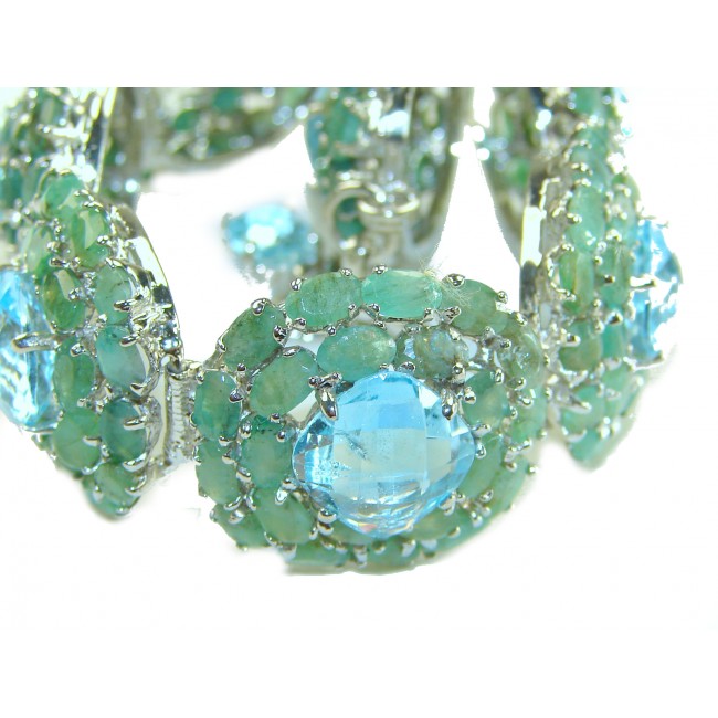 Seaside 175.5 carat Swiss Blue Topaz Colombian Emerald .925 Sterling Silver handmade Large Statement Bracelet