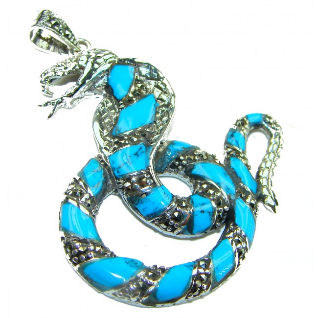 Blue Cobra Snake inlay Turquoise .925 Sterling Silver handcrafted Pendant