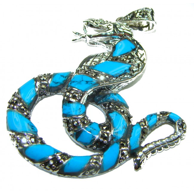 Blue Cobra Snake inlay Turquoise .925 Sterling Silver handcrafted Pendant