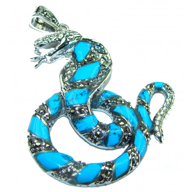 Blue Cobra Snake inlay Turquoise .925 Sterling Silver handcrafted Pendant