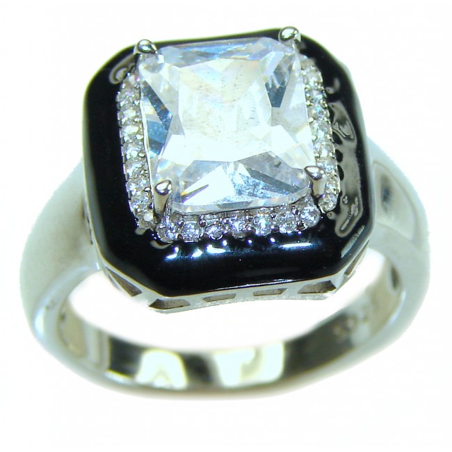 Exclusive 9.5 CARAT emerald cut White Topaz black enamel .925 Sterling Silver handcrafted ring size 7 1/2