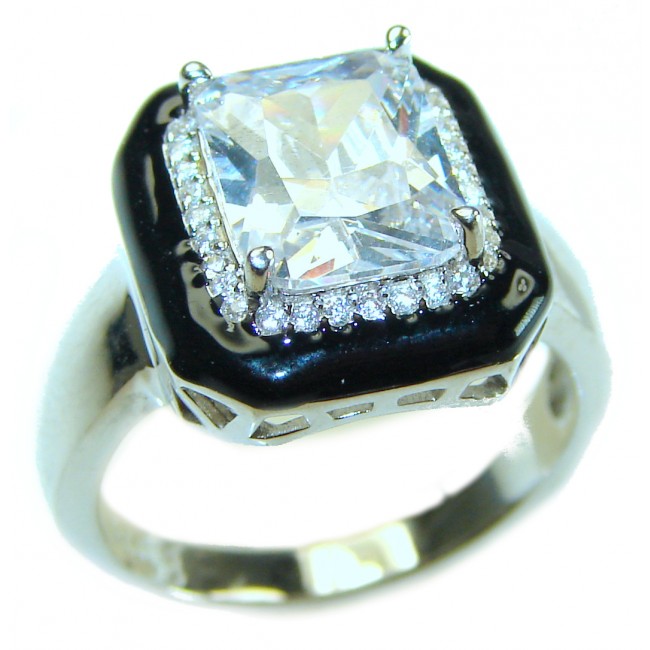 Exclusive 9.5 CARAT emerald cut White Topaz black enamel .925 Sterling Silver handcrafted ring size 7 1/2