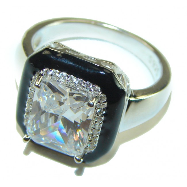 Exclusive 9.5 CARAT emerald cut White Topaz black enamel .925 Sterling Silver handcrafted ring size 7 1/2