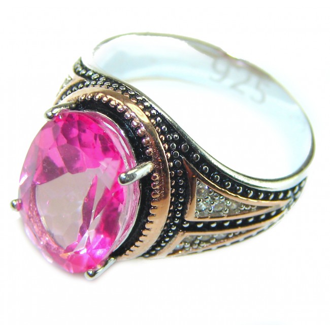 Vintage Style - oval Cut - 8.5 carat Pink Sapphire 2 tones .925 Silver handcrafted Cocktail Ring s. 9