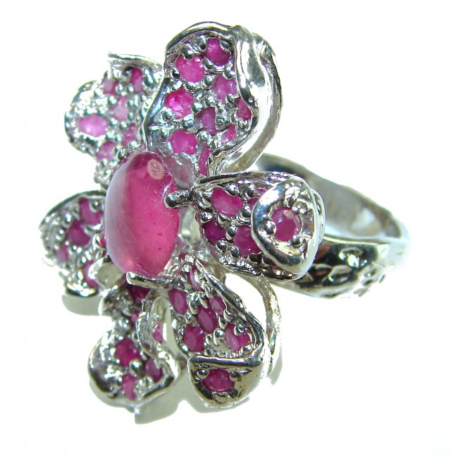 Large Red Flower - Beauty of Nature natural 24.5 carat Ruby .925 Sterling Silver handmade Statement Ring size 6 1/2