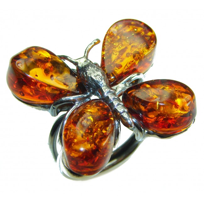 Magical Butterfly Natural Baltic Amber .925 Sterling Silver handmade Large STATEMENT ring; s. 7 adjustable