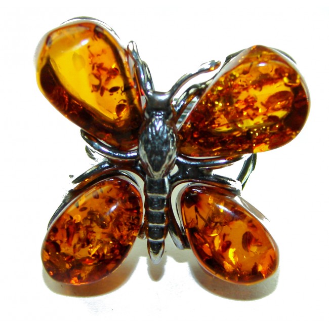 Magical Butterfly Natural Baltic Amber .925 Sterling Silver handmade Large STATEMENT ring; s. 7 adjustable