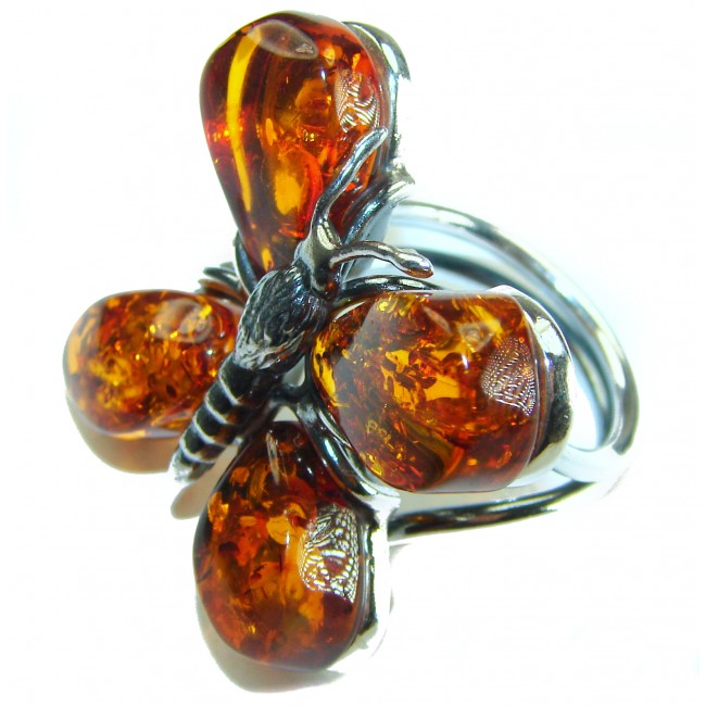 Magical Butterfly Natural Baltic Amber .925 Sterling Silver handmade Large STATEMENT ring; s. 7 adjustable