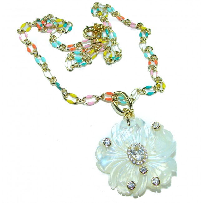 Colors of Nature Floral Design carved Blister Pearl enamel 14K Gold over .925 Sterling Silver handcrafted Necklace