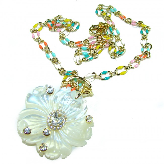 Colors of Nature Floral Design carved Blister Pearl enamel 14K Gold over .925 Sterling Silver handcrafted Necklace