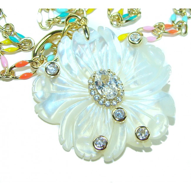 Colors of Nature Floral Design carved Blister Pearl enamel 14K Gold over .925 Sterling Silver handcrafted Necklace