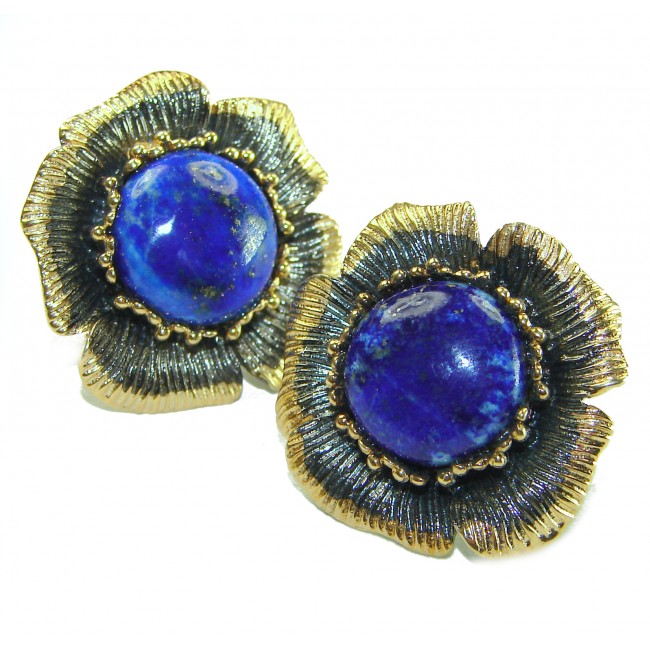 Blue Orchid natural Lapis Lazuli 2 tones .925 Sterling Silver handcrafted stud earrings