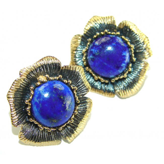 Blue Orchid natural Lapis Lazuli 2 tones .925 Sterling Silver handcrafted stud earrings