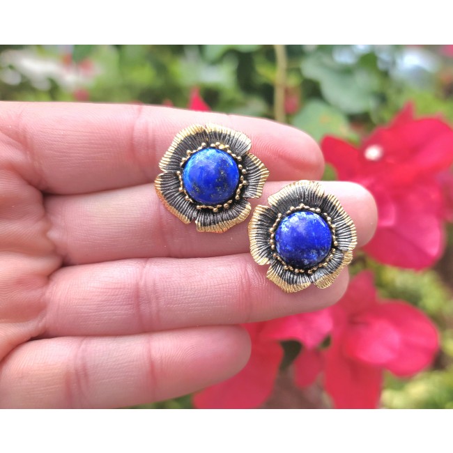 Blue Orchid natural Lapis Lazuli 2 tones .925 Sterling Silver handcrafted stud earrings