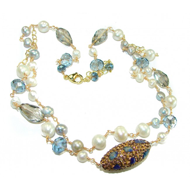 Precious genuine Mother of Pearl London Blue Topaz black Spinel .925 Sterling Silver handcrafted Necklace