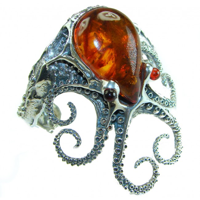 Huge Octopus 75.5 grams Genuine Baltic Amber .925 Sterling Silver handcrafted Bracelet / Cuff