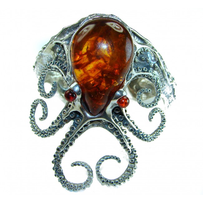 Huge Octopus 75.5 grams Genuine Baltic Amber .925 Sterling Silver handcrafted Bracelet / Cuff