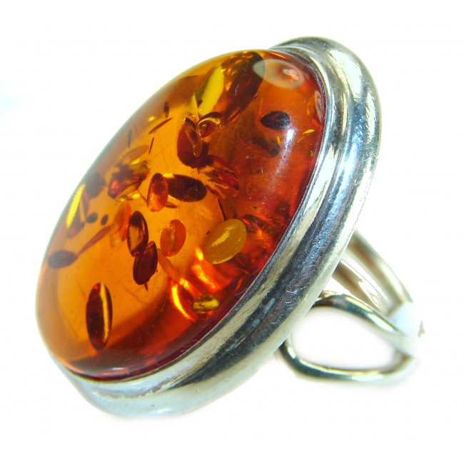 Beauty of the Sea Giant natural Baltic Amber .925 Sterling Silver handcrafted ring; s. 7 adjustable