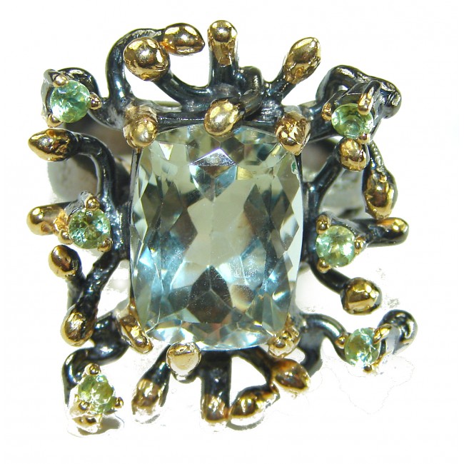 Green Royalty authentic 10.5 carat Green Amethyst black rhodium over .925 Sterling Silver handcrafted Ring s. 9