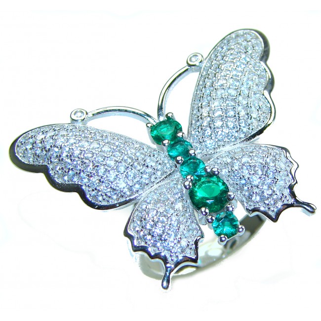 Green Butterfly Authentic 3.2 carat Emerald .925 Sterling Silver handmade Statement Ring size 7 3/4