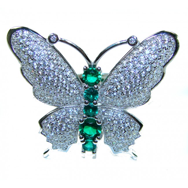 Green Butterfly Authentic 3.2 carat Emerald .925 Sterling Silver handmade Statement Ring size 7 3/4