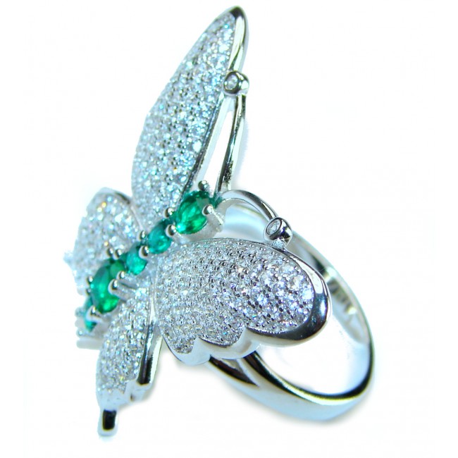 Green Butterfly Authentic 3.2 carat Emerald .925 Sterling Silver handmade Statement Ring size 7 3/4