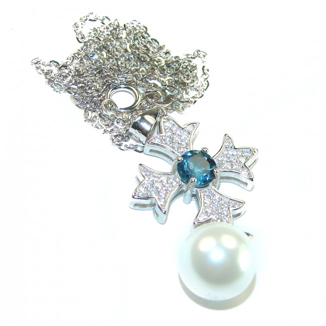 Classy London Blue Topaz Pearl .925 Sterling Silver handcrafted Necklace