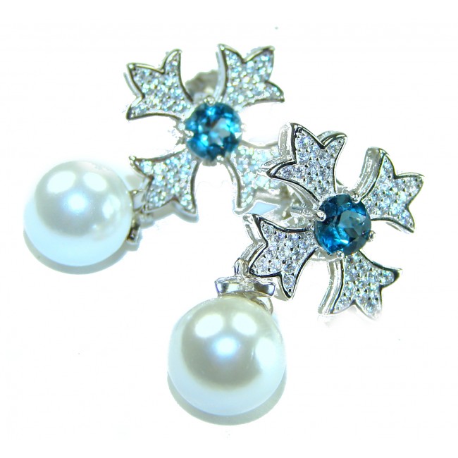 Classy London Blue Topaz Pearl .925 Sterling Silver handcrafted Statement Earrings