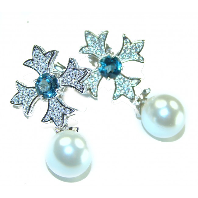 Classy London Blue Topaz Pearl .925 Sterling Silver handcrafted Statement Earrings