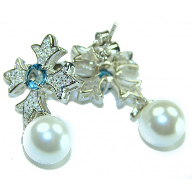 Classy London Blue Topaz Pearl .925 Sterling Silver handcrafted Statement Earrings